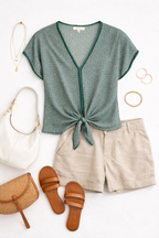 Max Studio Tie Front Blouse | Size M at Blue Sparrow Shop on flatlay with shorts, sandals, purses