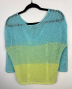 back of Melanie Lyne blue and green colourblock open knit sweater lightweight mesh pullover on hanger