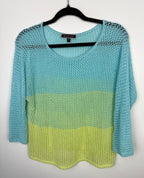 Melanie Lyne blue and green colourblock open knit sweater lightweight mesh pullover front view on hanger