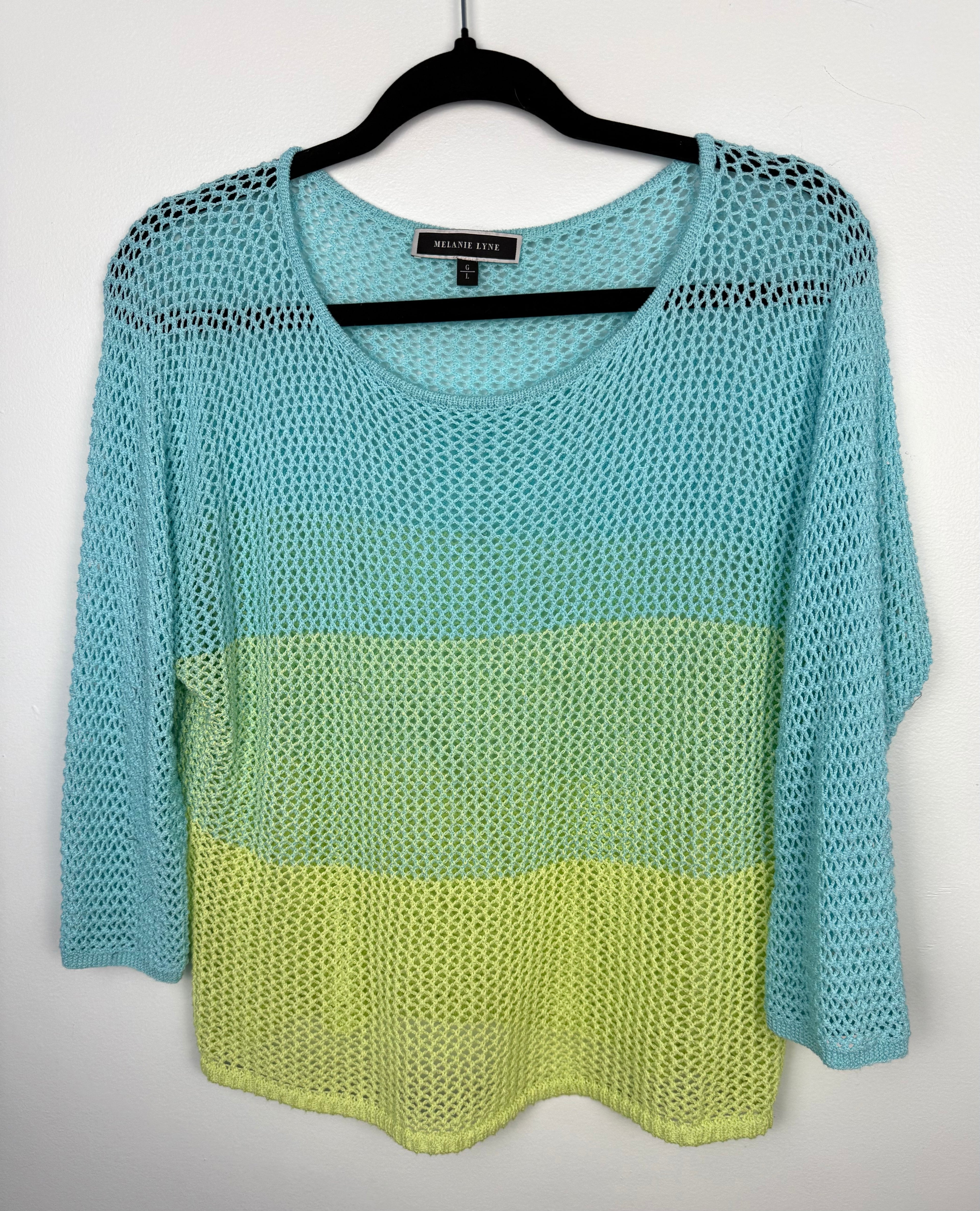 Melanie Lyne blue and green colourblock open knit sweater lightweight mesh pullover front view on hanger