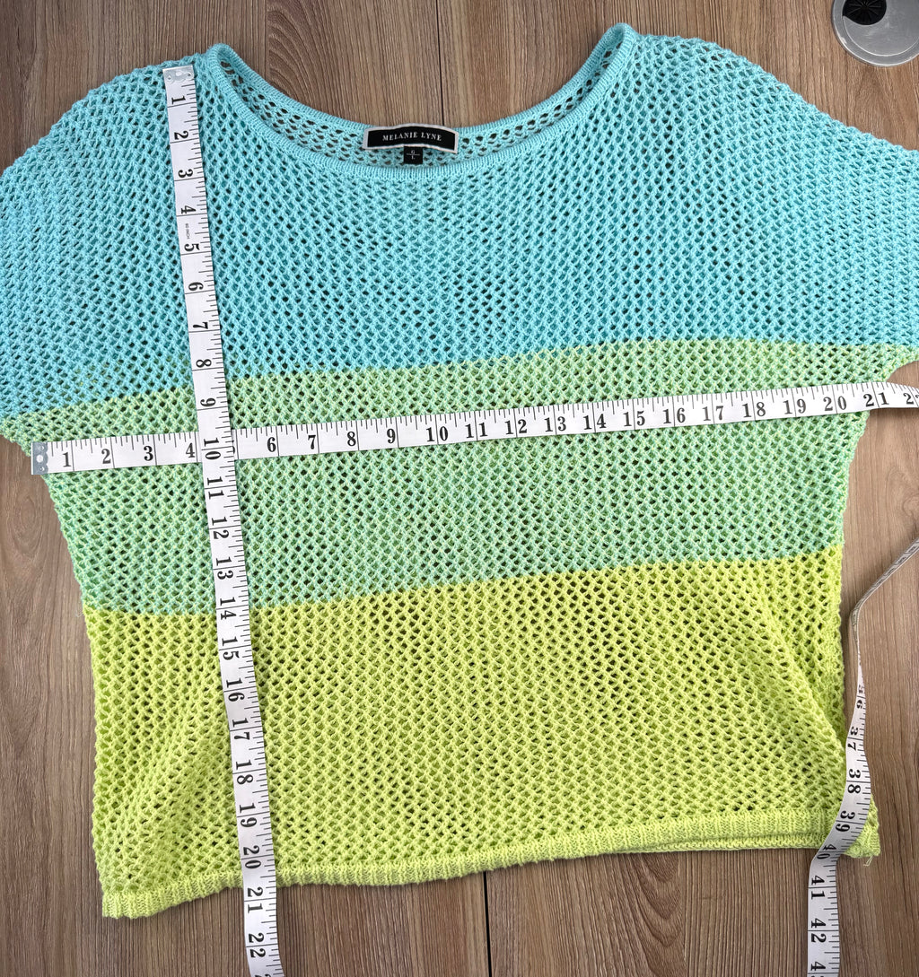 Melanie Lyne blue and lime colourblock open knit sweater lightweight mesh pullover measuring 42" bust and 21" shoulder to hem 