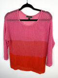 Melanie Lyne pink and red colourblock open knit sweater lightweight mesh pullover front view on hanger
