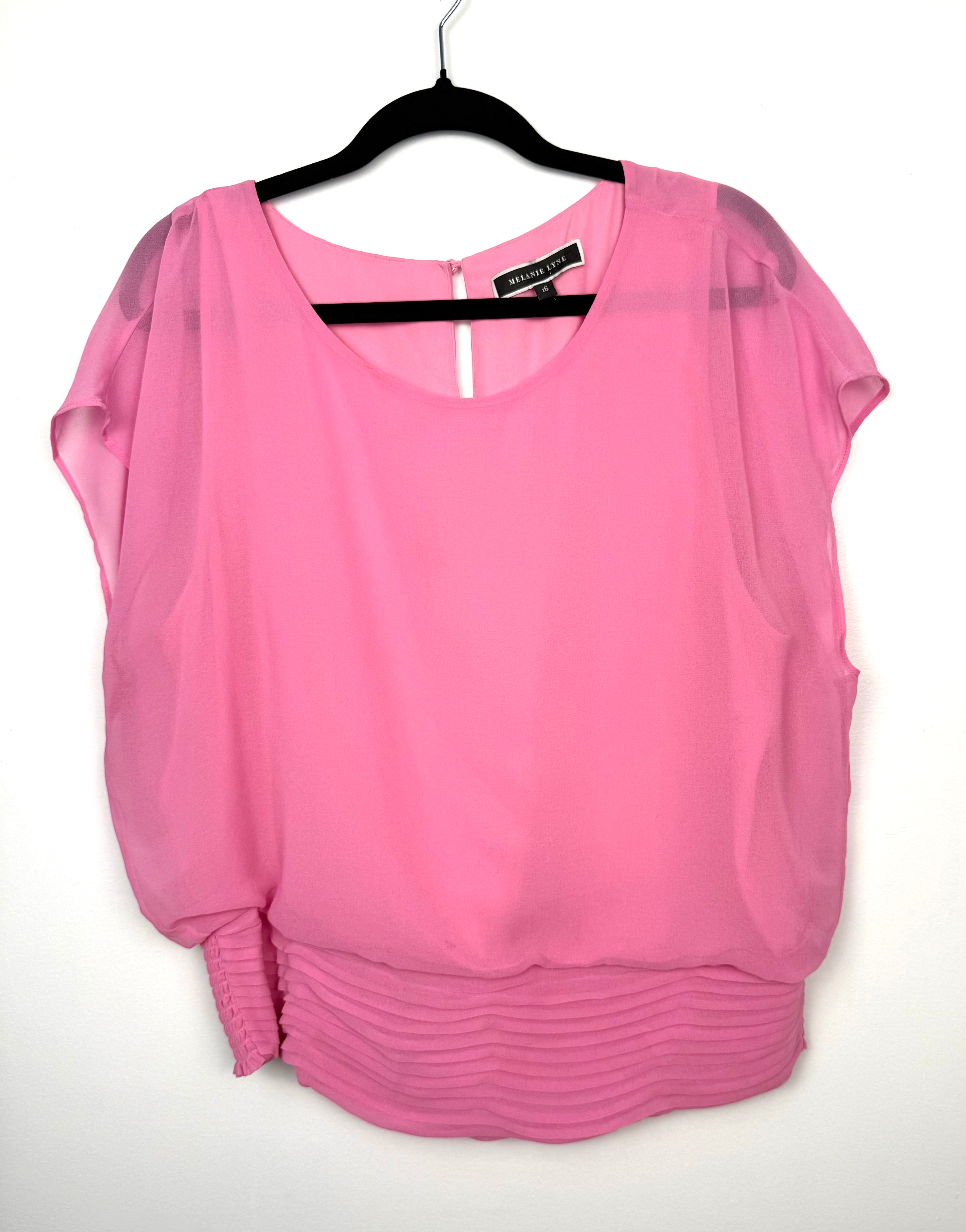 Melanie Lyne pink chiffon blouse with smocked waist and flutter sleeves on hanger