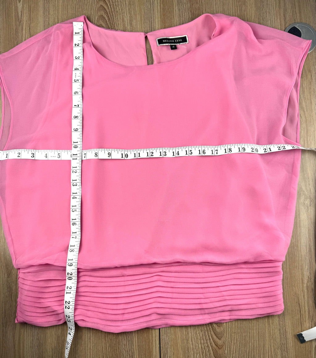 Melanie Lyne pink chiffon blouse with smocked waist and flutter sleeves measuring 46" bust 23" shoulder to hem