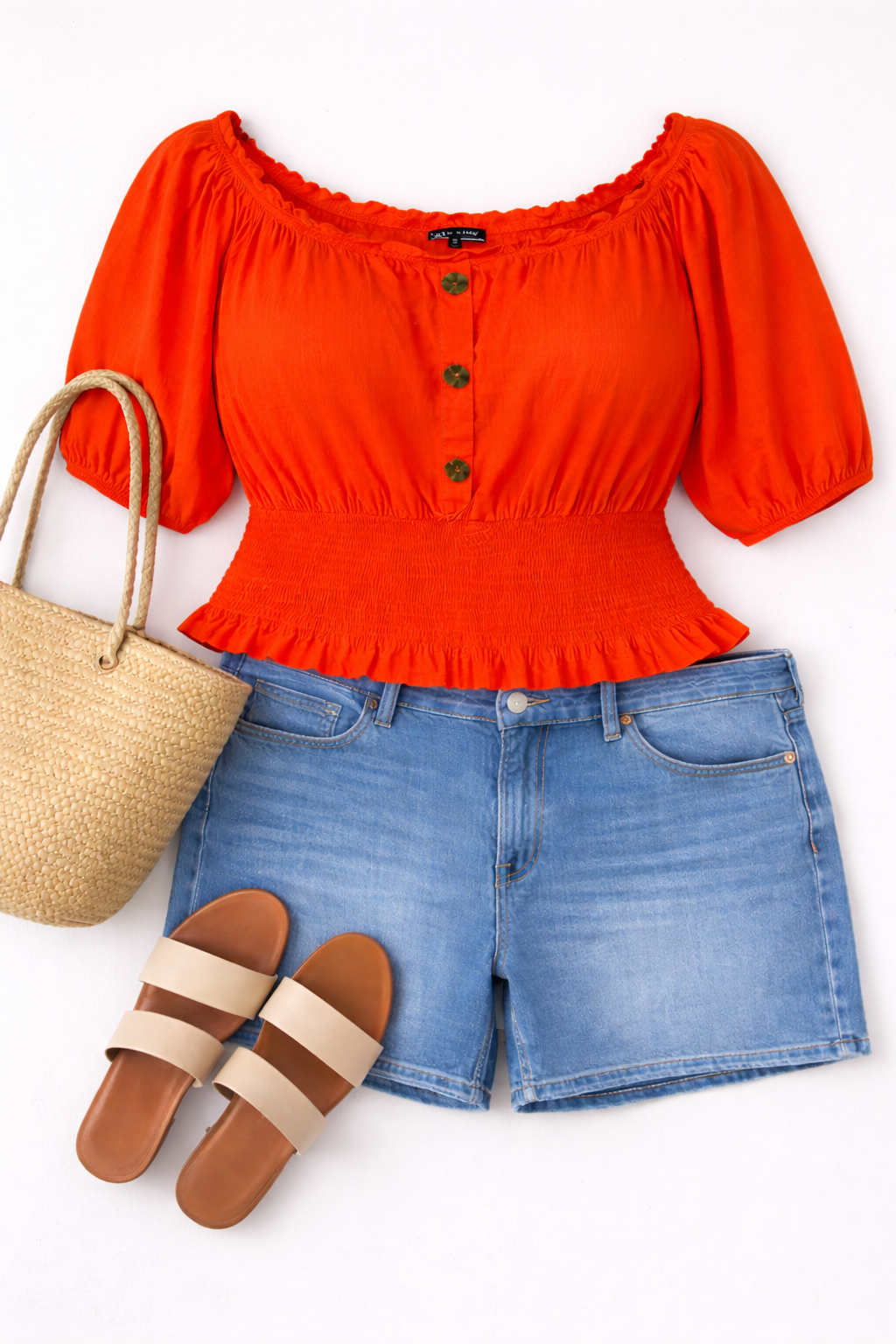 Melanie Lynn Smocked Waist Top | Size XL at Blue Sparrow Shop flatlay with shorts, sandals, bag