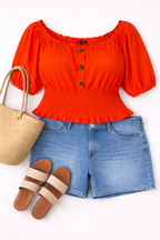 Melanie Lynn Smocked Waist Top | Size XL at Blue Sparrow Shop flatlay with shorts, sandals, bag