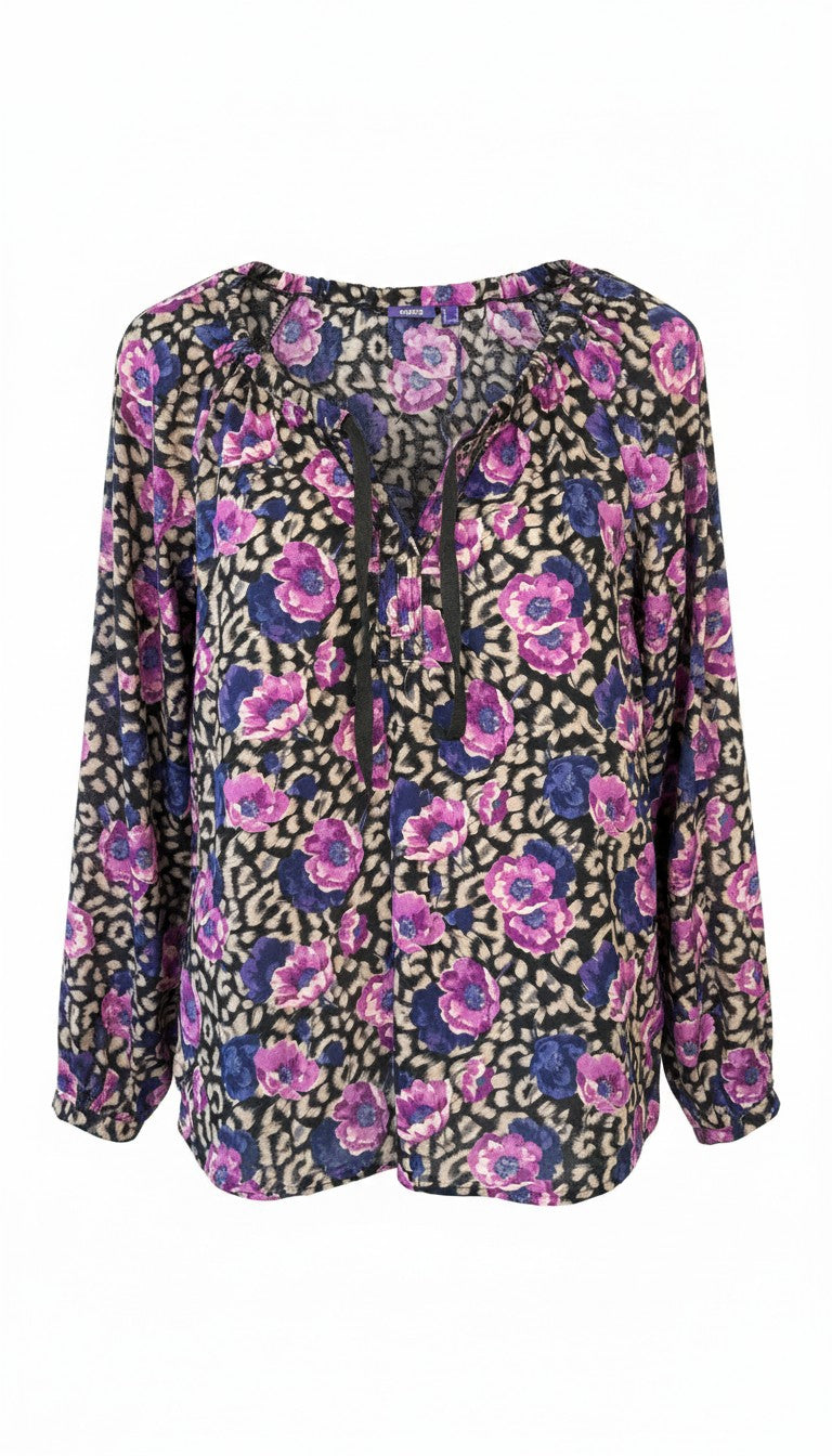 Mexx 100% Cotton Floral Leopard Mixed Print Blouse — Purple, Violet and Black | Peasant Style | Size L (US 14) at Blue Sparrow Shop