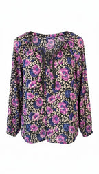 Mexx 100% Cotton Floral Leopard Mixed Print Blouse — Purple, Violet and Black | Peasant Style | Size L (US 14) at Blue Sparrow Shop