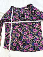 Mexx 100% Cotton Floral Leopard Mixed Print Blouse — Purple, Violet and Black | Peasant Style | Size L (US 14) at Blue Sparrow Shop measuring 29" shoulder to hem and 46" bust 