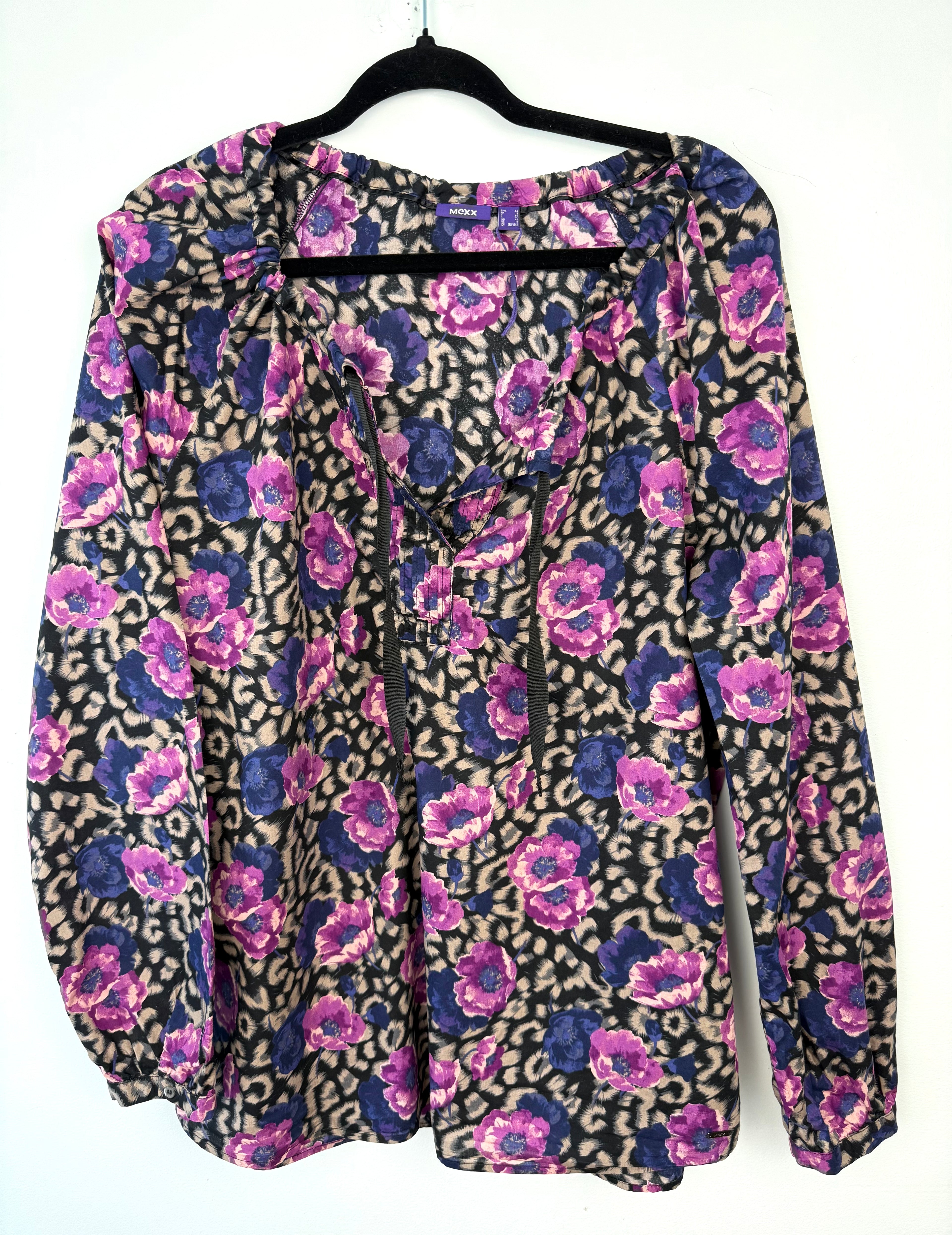 front view of Mexx 100% Cotton Floral Leopard Mixed Print Blouse — Purple, Violet and Black | Peasant Style | Size L (US 14) at Blue Sparrow Shop on hanger