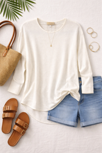 Michael Kors Textured Tunic Sweater | Size M at Blue Sparrow Shop flatlay with shorts, sandals, bag