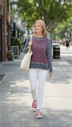 Michael Stars 100% Cotton Sweatshirt | One Size at Blue Sparrow Shop on woman walking outside in white jeans and red converse shoes