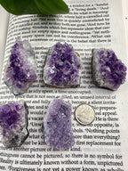 5 amethyst mini clusters with dime to show sizing