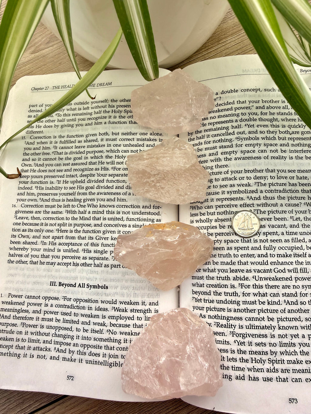 Open book with a pink crystal and green leaves on a wooden surface