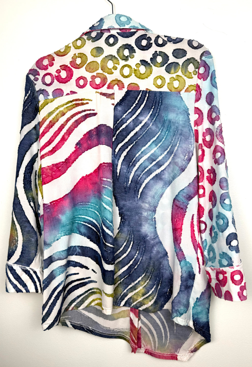 Minkas blouse or jacket multicoloured jacket back view on hanger