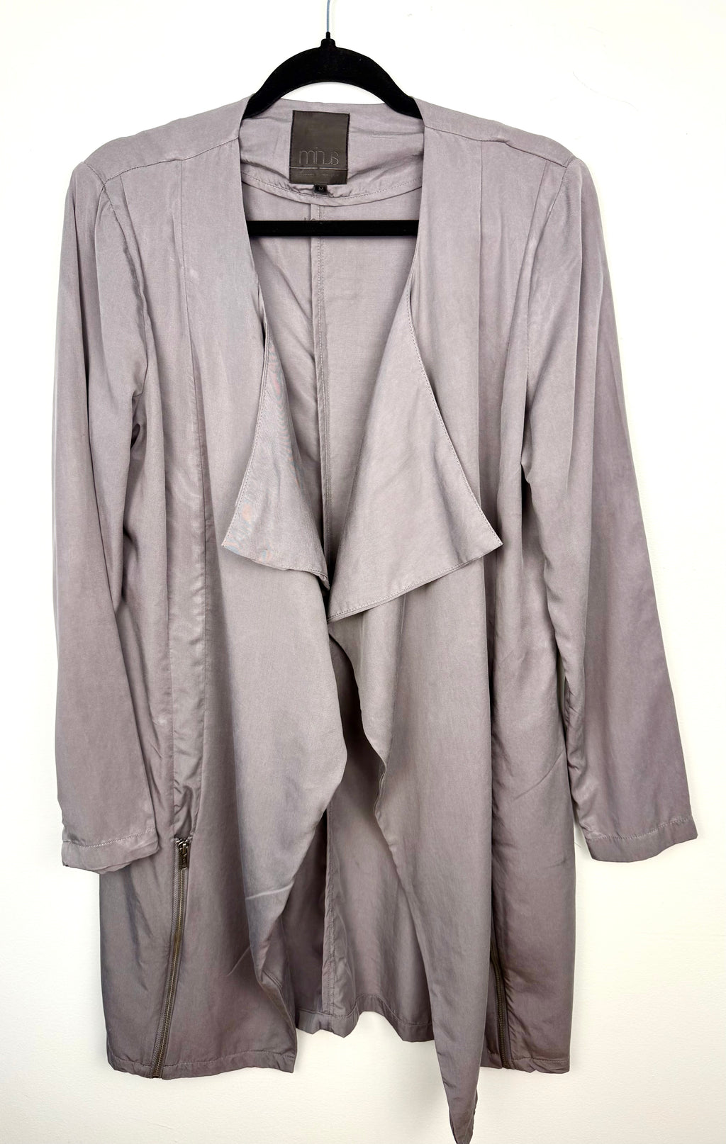 Grey Minus Copenhagen Afrah Blazer|Jacket with waterfall detail in front  on hanger