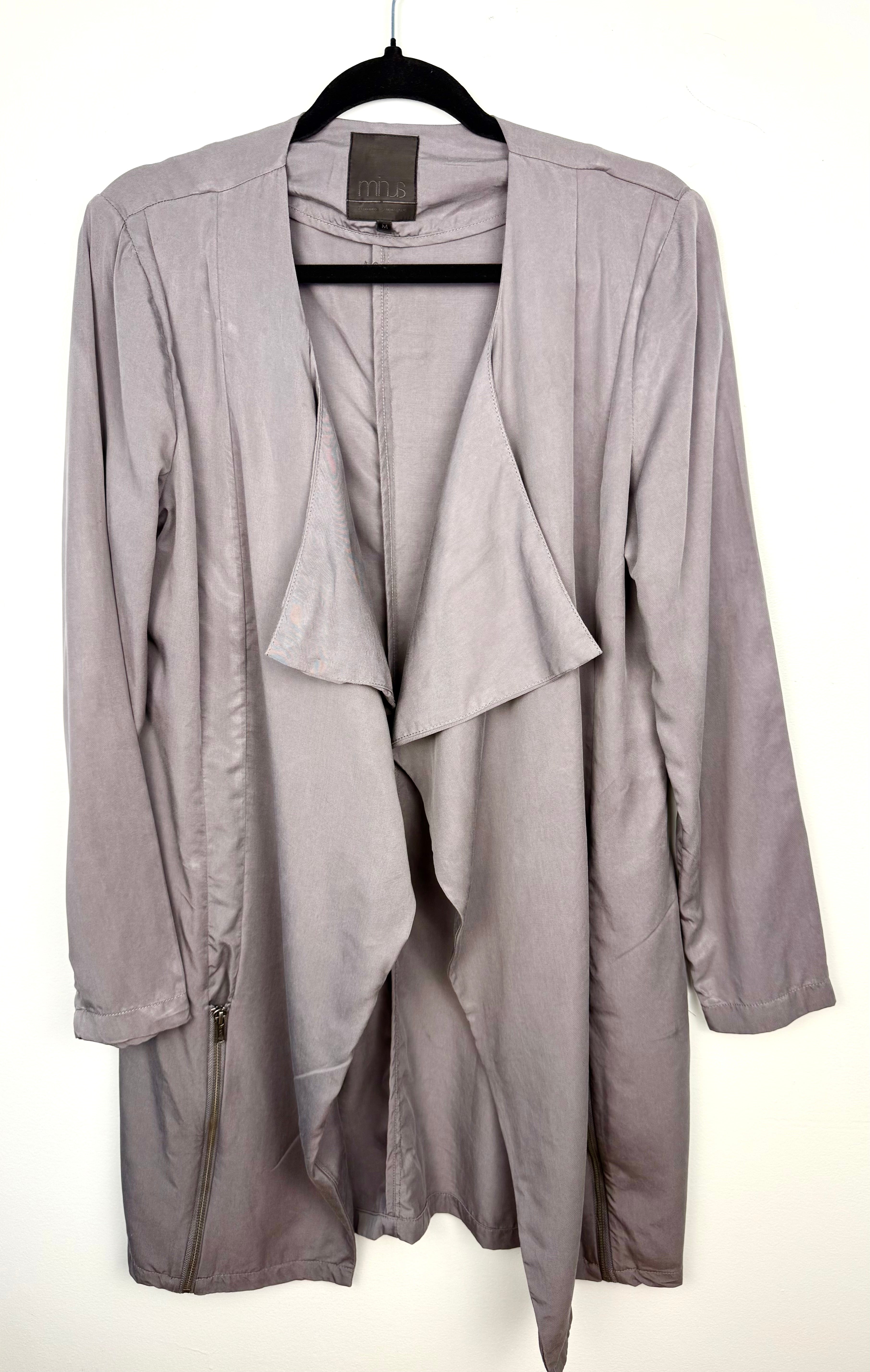 Grey Minus Copenhagen Afrah Blazer|Jacket with waterfall detail in front  on hanger