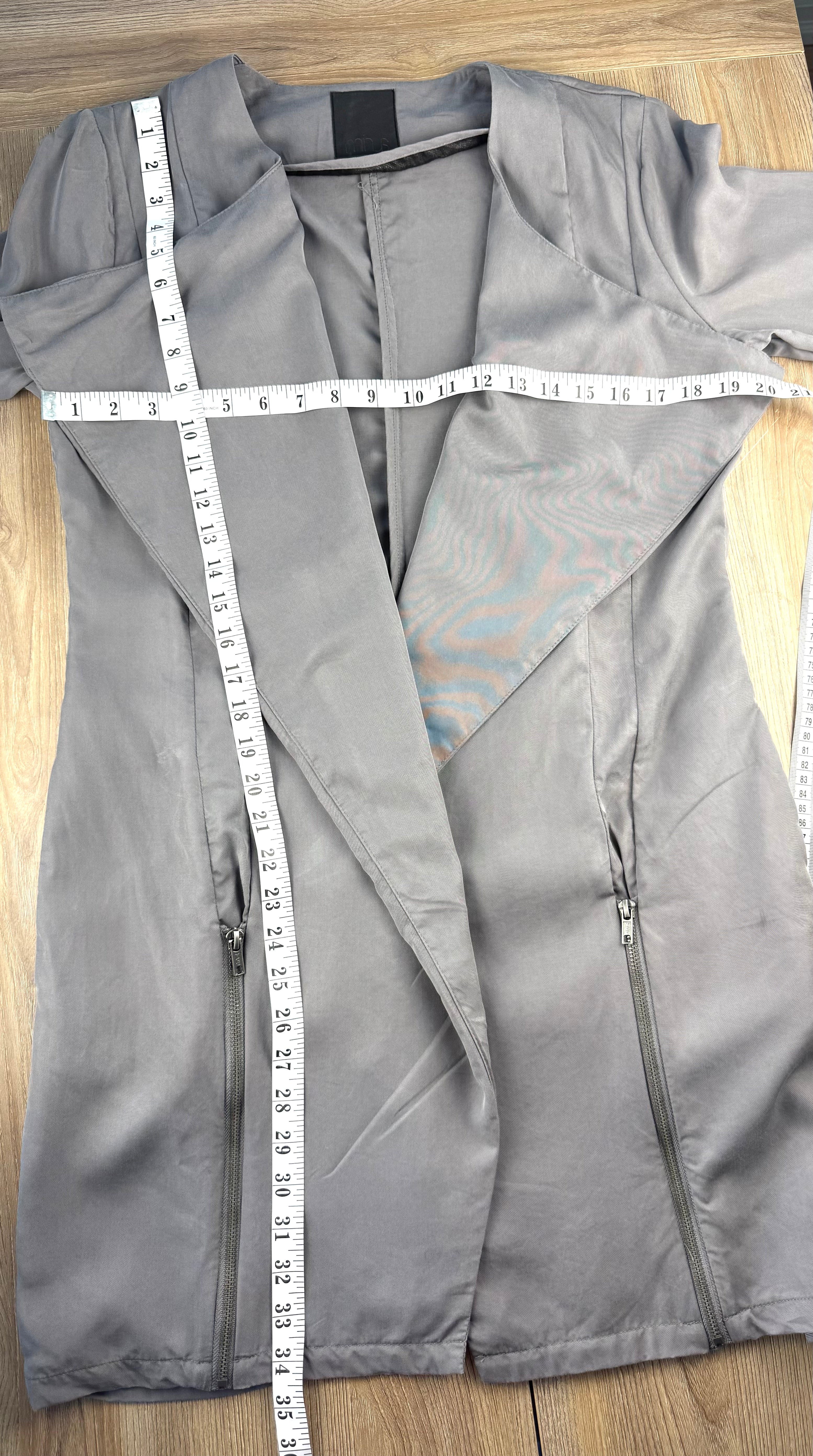 Minus Copenhagen Afrah Blazer|Jacket with waterfall detail in front measuring 40" bust and 34" shoulder to hem 