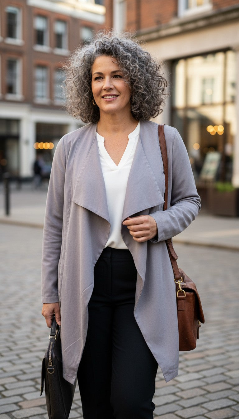 Minus_Copenhagen_Afrah_Blazer_Jacket_with_waterfall_detail_in_front_on woman with curly grey hair dressed for work