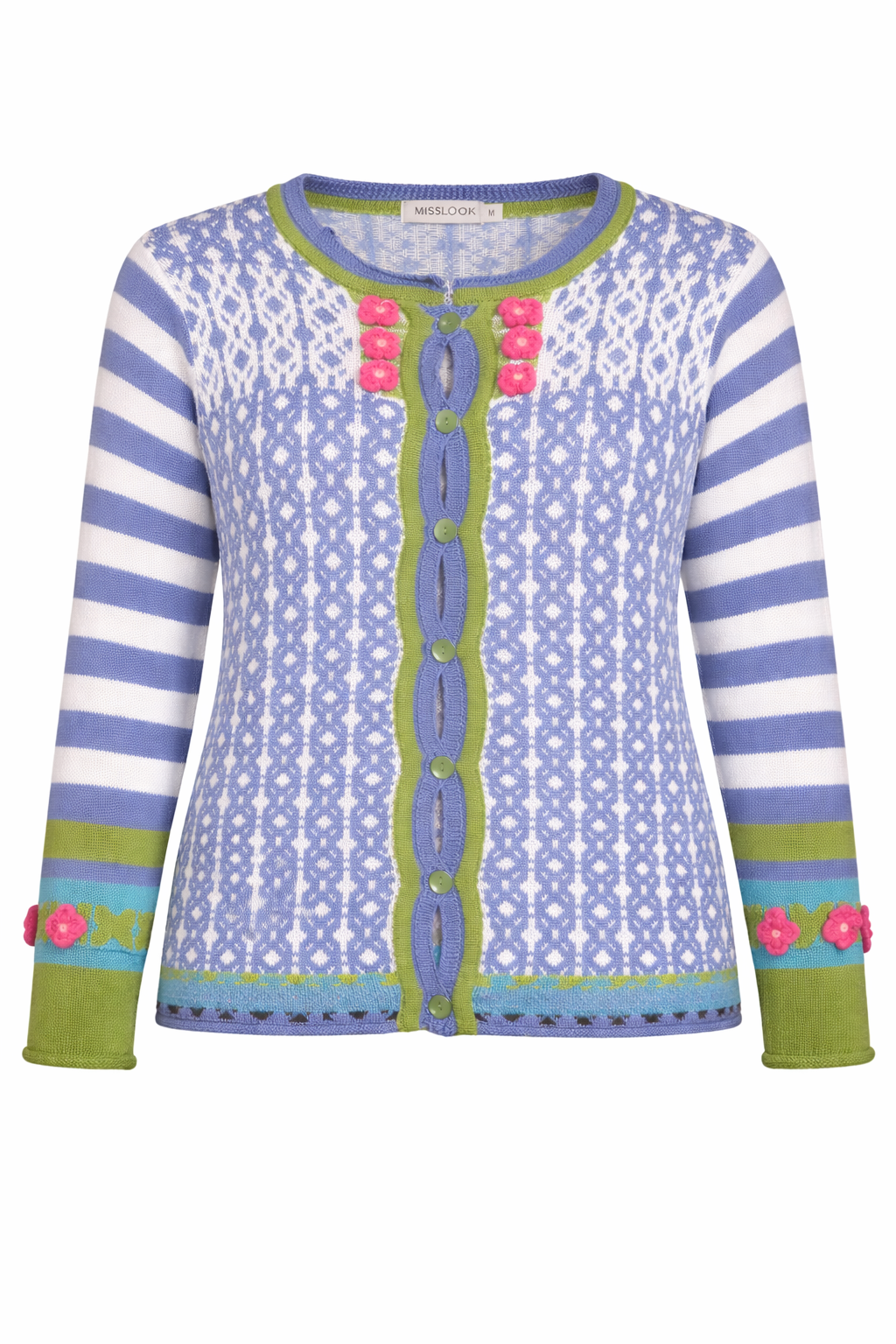 Mislook Fair Isle Knit Cardigan with crochet flowers at Blue Sparrow Shop