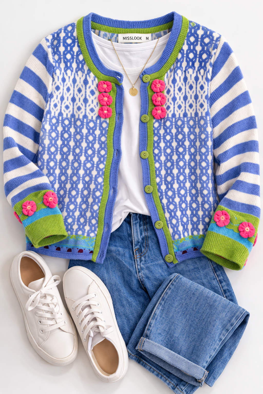 Mislook Fair Isle Knit Cardigan with crochet flowers at Blue Sparrow Shop lifestyle photo 
