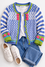 Mislook Fair Isle Knit Cardigan with crochet flowers at Blue Sparrow Shop lifestyle photo 