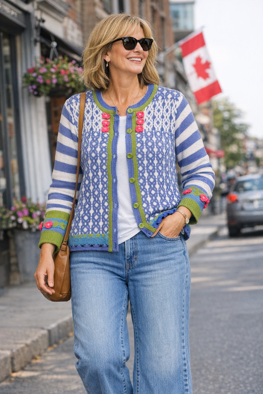 Mislook Fair Isle Knit Cardigan with crochet flowers at Blue Sparrow Shop on woman walking outside in Canada 