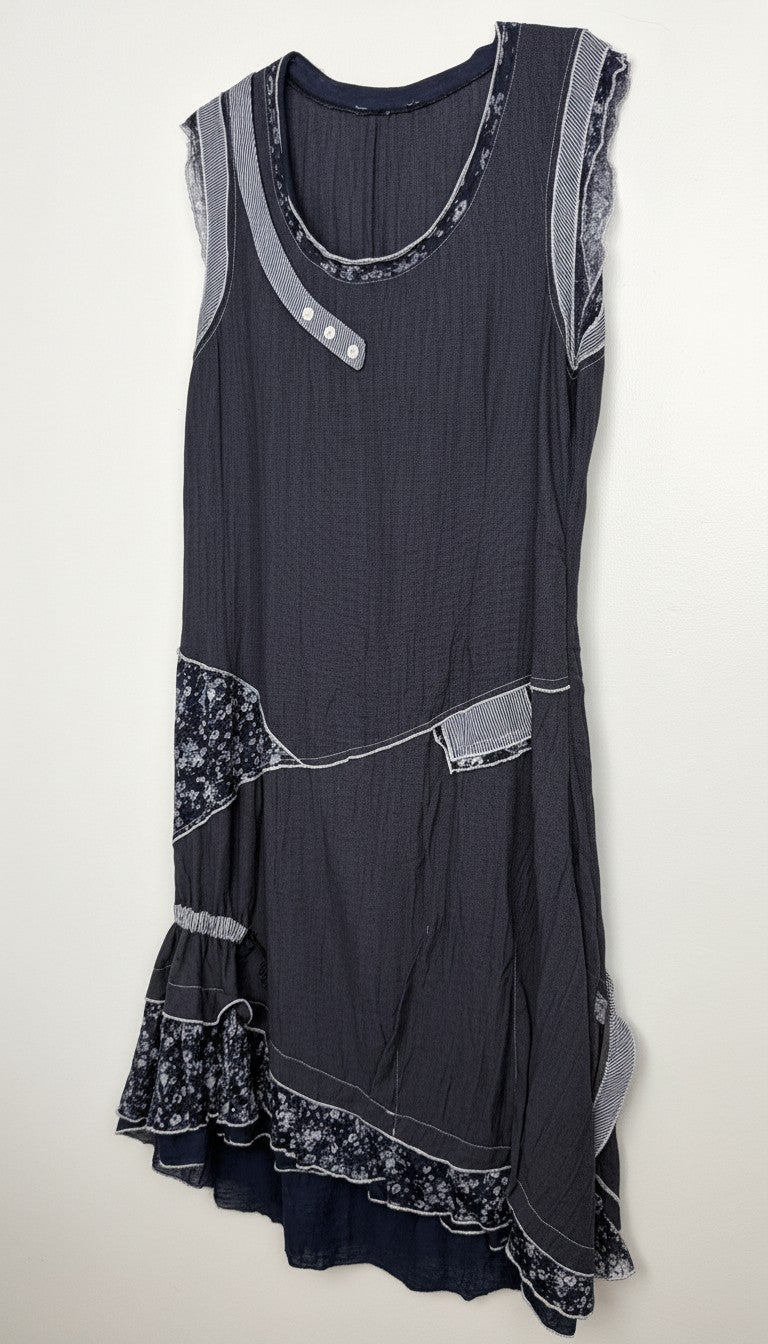 Mixed Fabric Patchwork Navy Artisan Dress | Size L at Blue Sparrow Shop