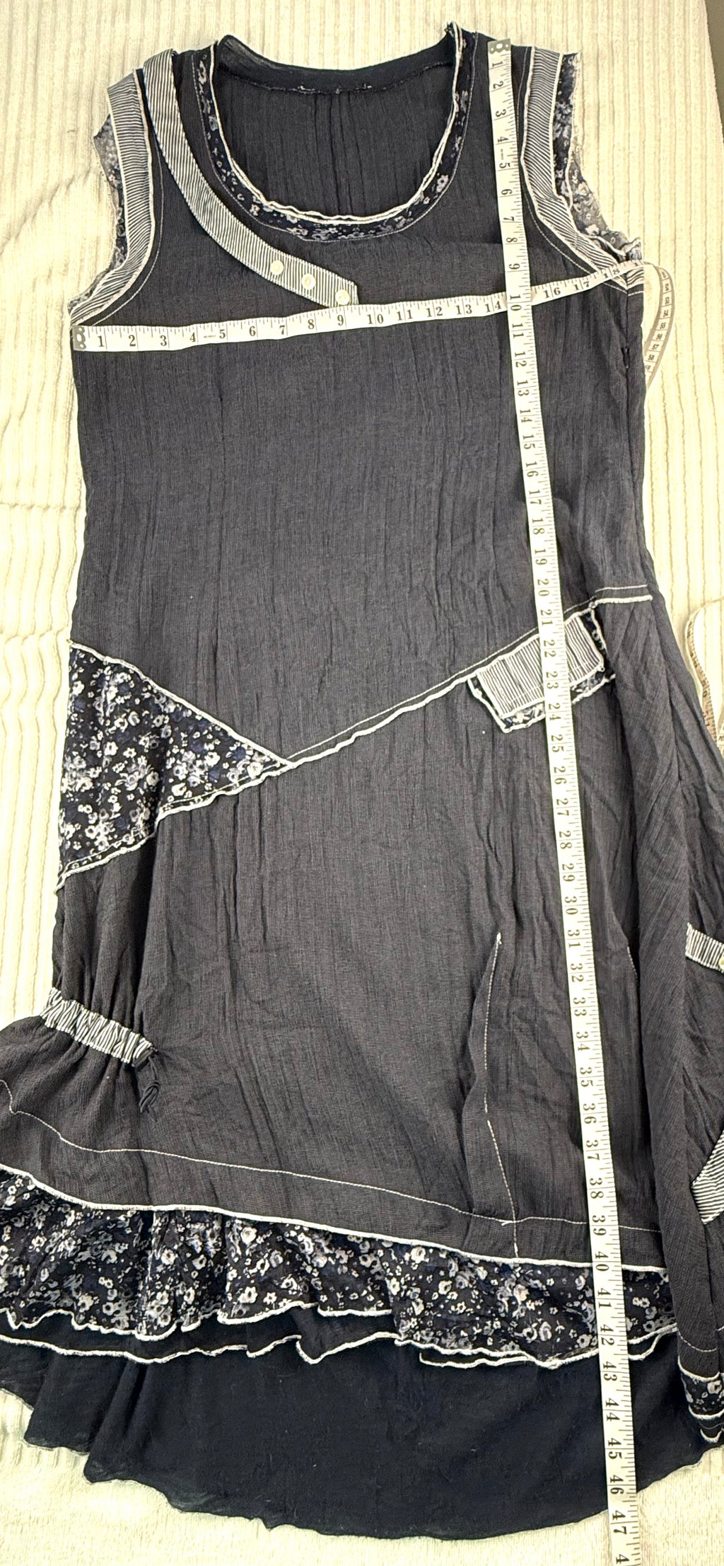 Mixed Fabric Patchwork Navy Artisan Dress | Size L at Blue Sparrow Shop measuring 35" bust and 46" shoulder to hem 