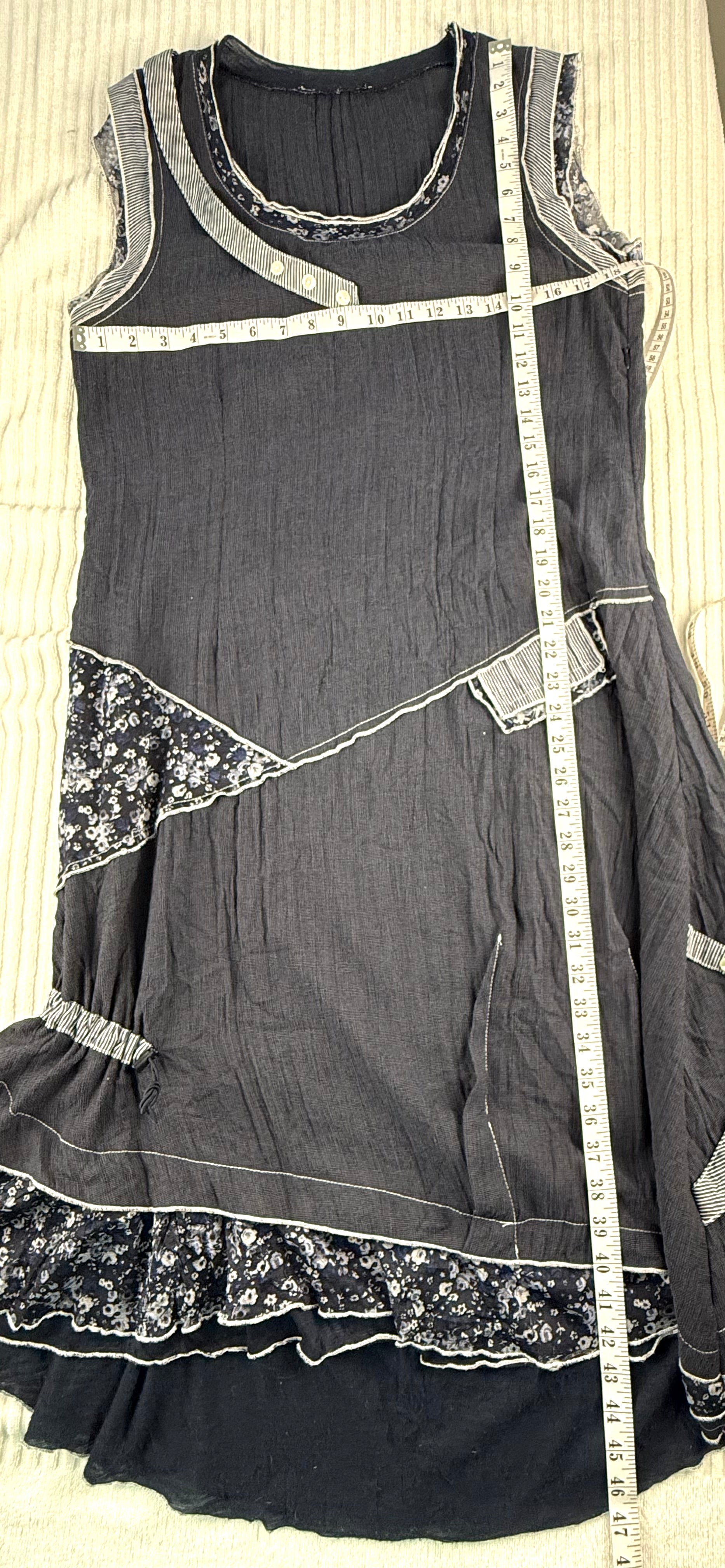 Mixed Fabric Patchwork Navy Artisan Dress | Size L at Blue Sparrow Shop measuring 35" bust and 46" shoulder to hem 