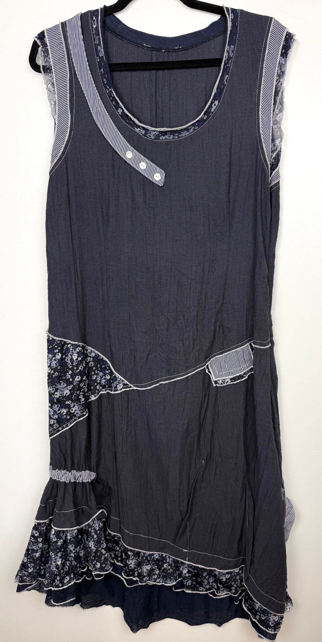Mixed Fabric Patchwork Navy Artisan Dress | Size L at Blue Sparrow Shop on hanger