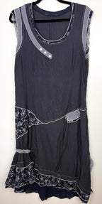 Mixed Fabric Patchwork Navy Artisan Dress | Size L at Blue Sparrow Shop on hanger