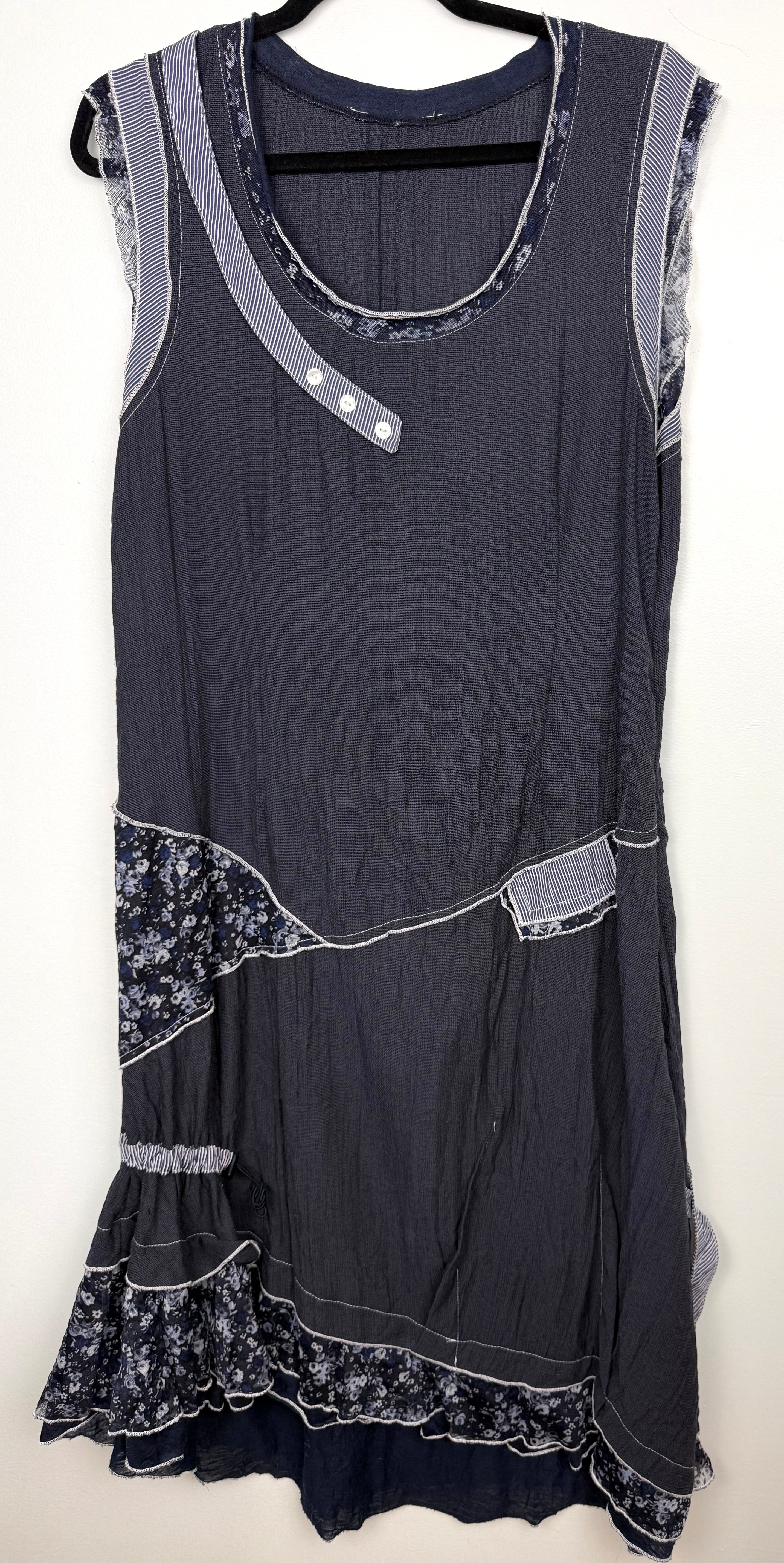 Mixed Fabric Patchwork Navy Artisan Dress | Size L at Blue Sparrow Shop on hanger