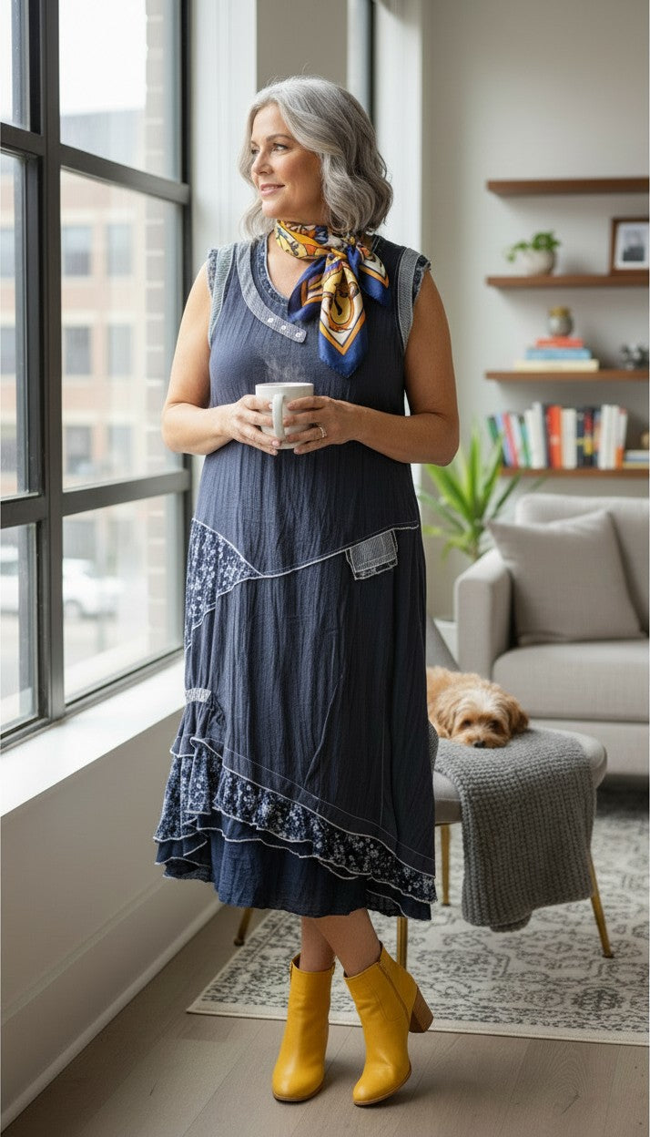 Mixed Fabric Patchwork Navy Artisan Dress | Size L at Blue Sparrow Shop on woman with  scarf and ankle boots  looking out window  