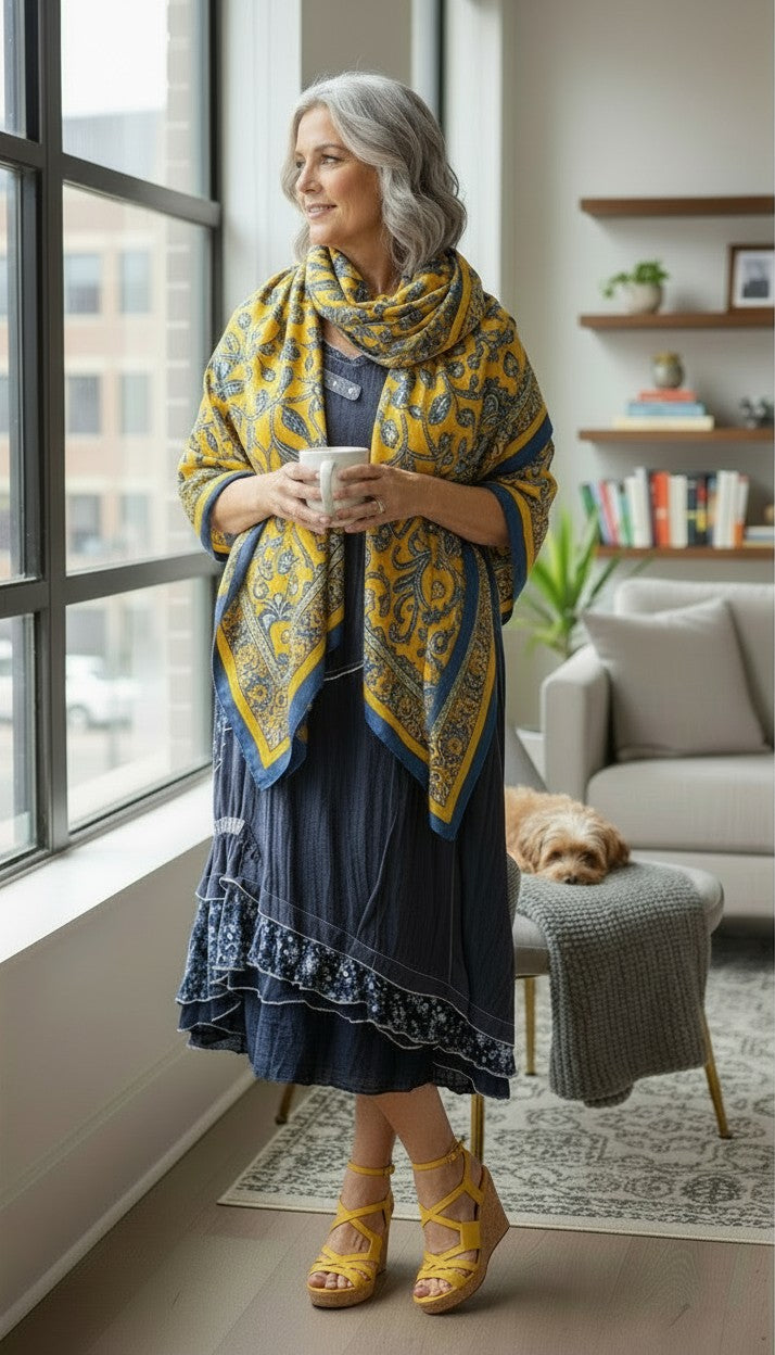 Mixed Fabric Patchwork Navy Artisan Dress | Size L at Blue Sparrow Shop on woman with yellow scarf and sandals looking out window 