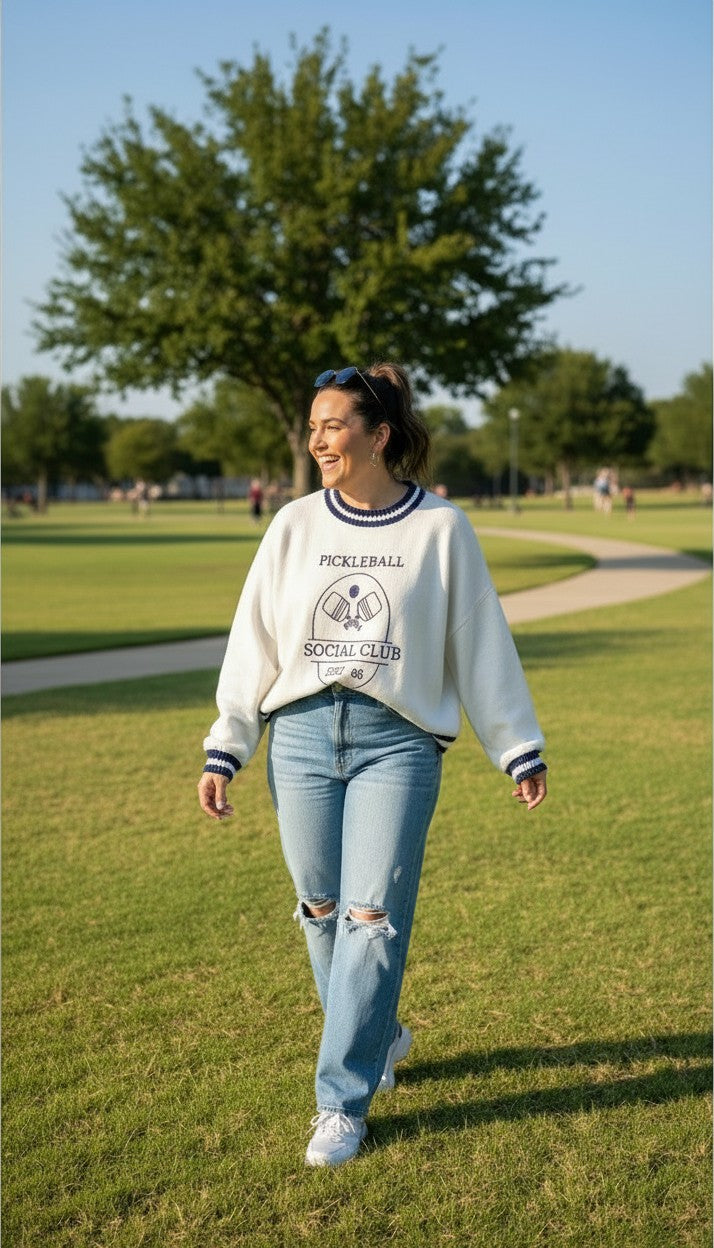 Moon & Madison Pickleball Sweater | Size M at Blue Sparrow Shop on woman outside 