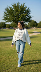 Moon & Madison Pickleball Sweater | Size M at Blue Sparrow Shop on woman outside 