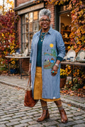 NWOT 100% Tencel Tilley Handpainted Denim Jacket | Size 2X on funky looking older woman outside