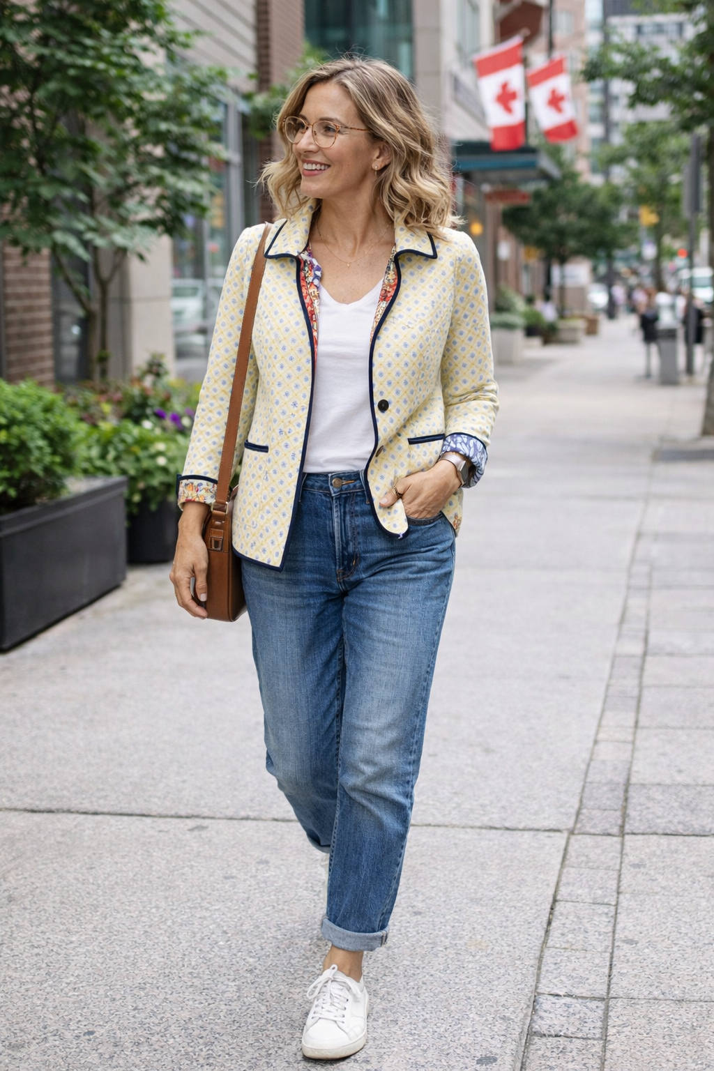 NWOT Handmade Reversible Quilted Patchwork Jacket | Size M/L at Blue Sparrow Shop  on woman walking outside in Canada 