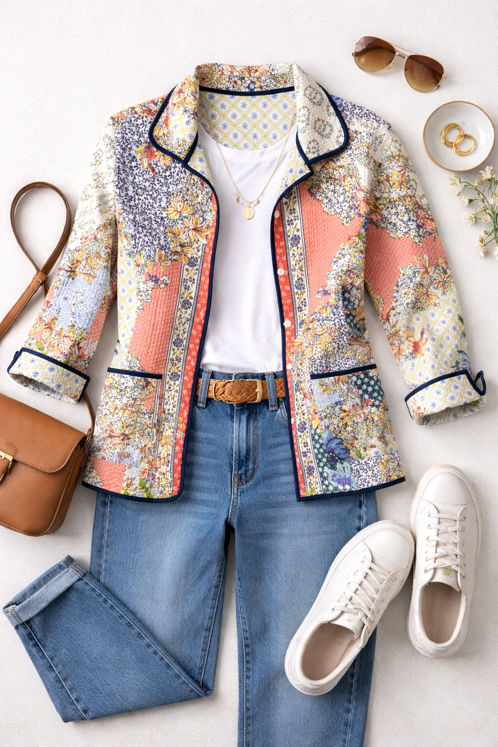 NWOT Handmade Reversible Quilted Patchwork Jacket | Size M/L at Blue Sparrow Shop  flatlay with sneakers, purse, sunglasses