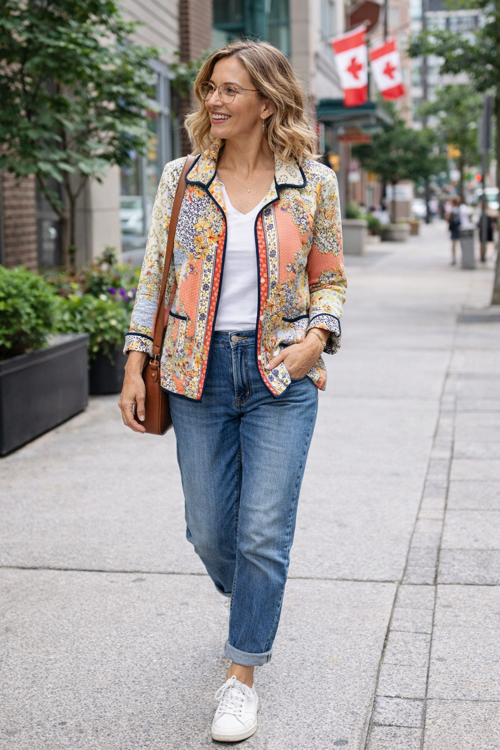 NWOT Handmade Reversible Quilted Patchwork Jacket | Size M/L at Blue Sparrow Shop  reverse side on woman walking outside in Canada
