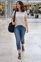 NWOT Patrizia Harlequin Metallic Heeled Sandals | Size 40 at Blue Sparrow Shop on woman wearing jeans and a tshirt 