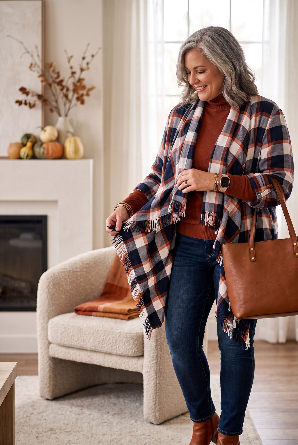 NWOT Plaid Jacket with Fringe Detail | Size XL on woman in living room