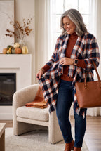 NWOT Plaid Jacket with Fringe Detail | Size XL on woman in living room