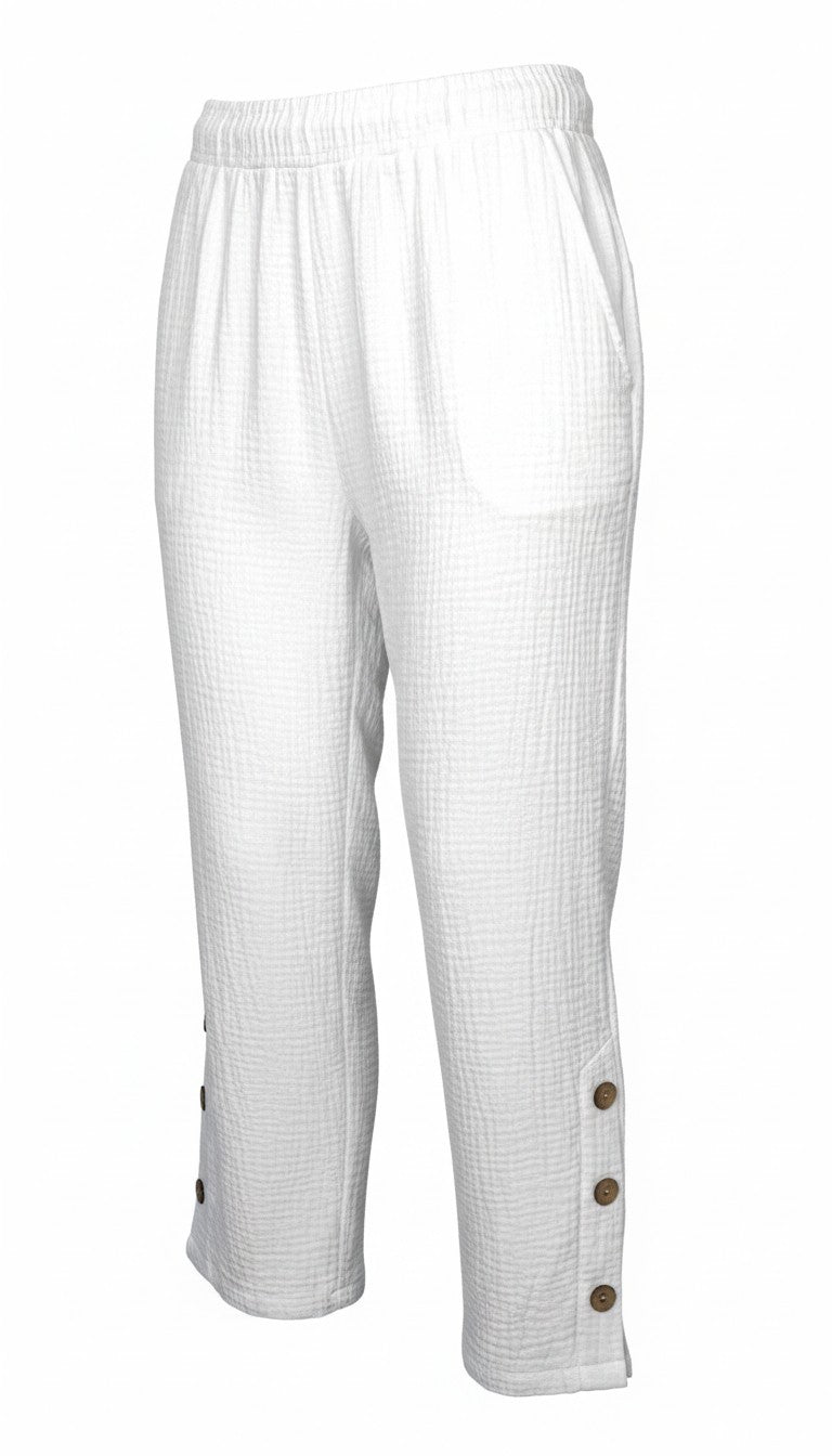 NWT Creation 100% Cotton Gauze Wide-Leg Pants — White | Button Hem Detail | Size XL at Blue Sparrow Shop