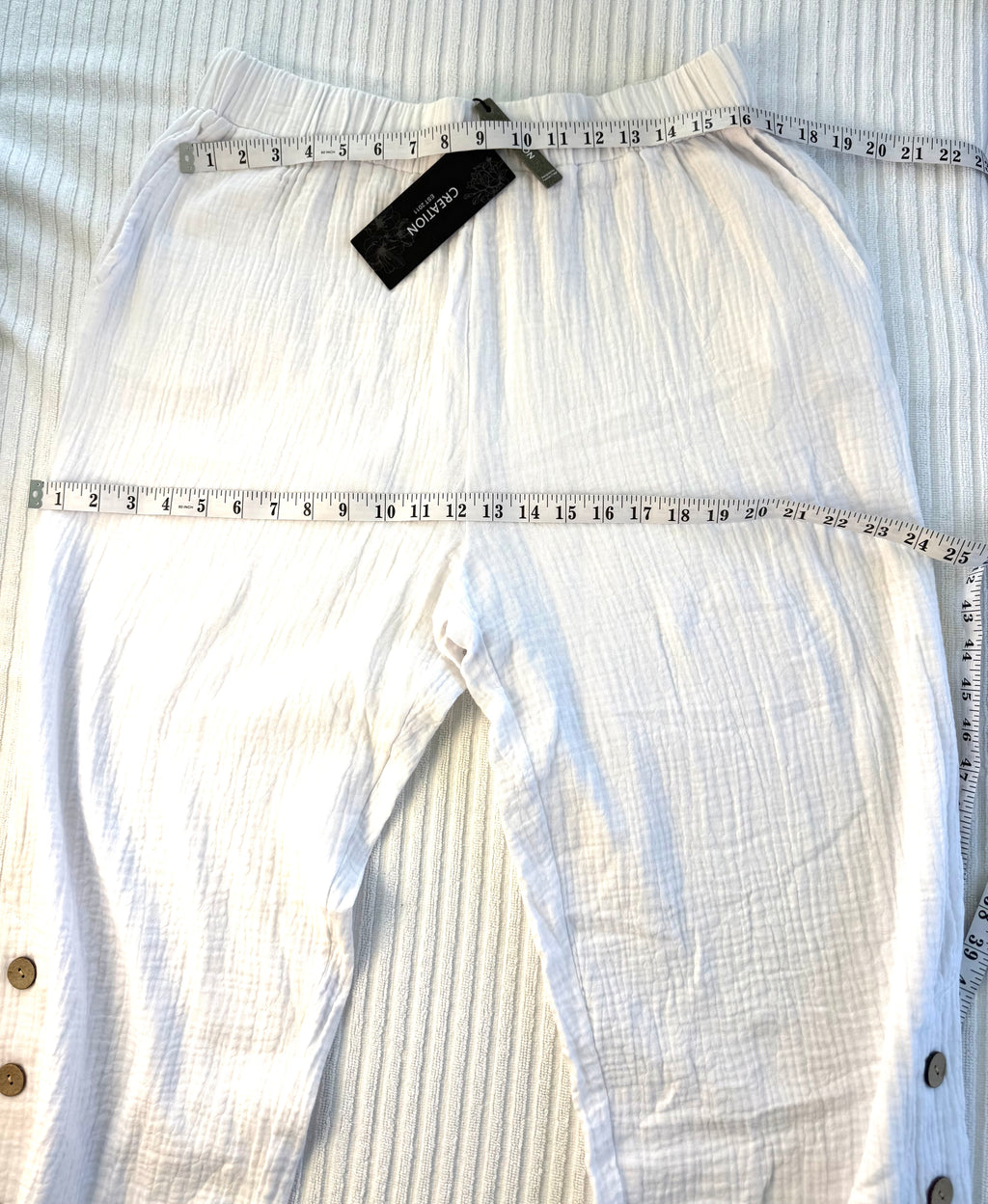 NWT Creation 100% Cotton Gauze Wide-Leg Pants — White | Button Hem Detail | Size XL at Blue Sparrow Shop measuring 34" elastic waist and 48" hips