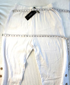 NWT Creation 100% Cotton Gauze Wide-Leg Pants — White | Button Hem Detail | Size XL at Blue Sparrow Shop measuring 34" elastic waist and 48" hips