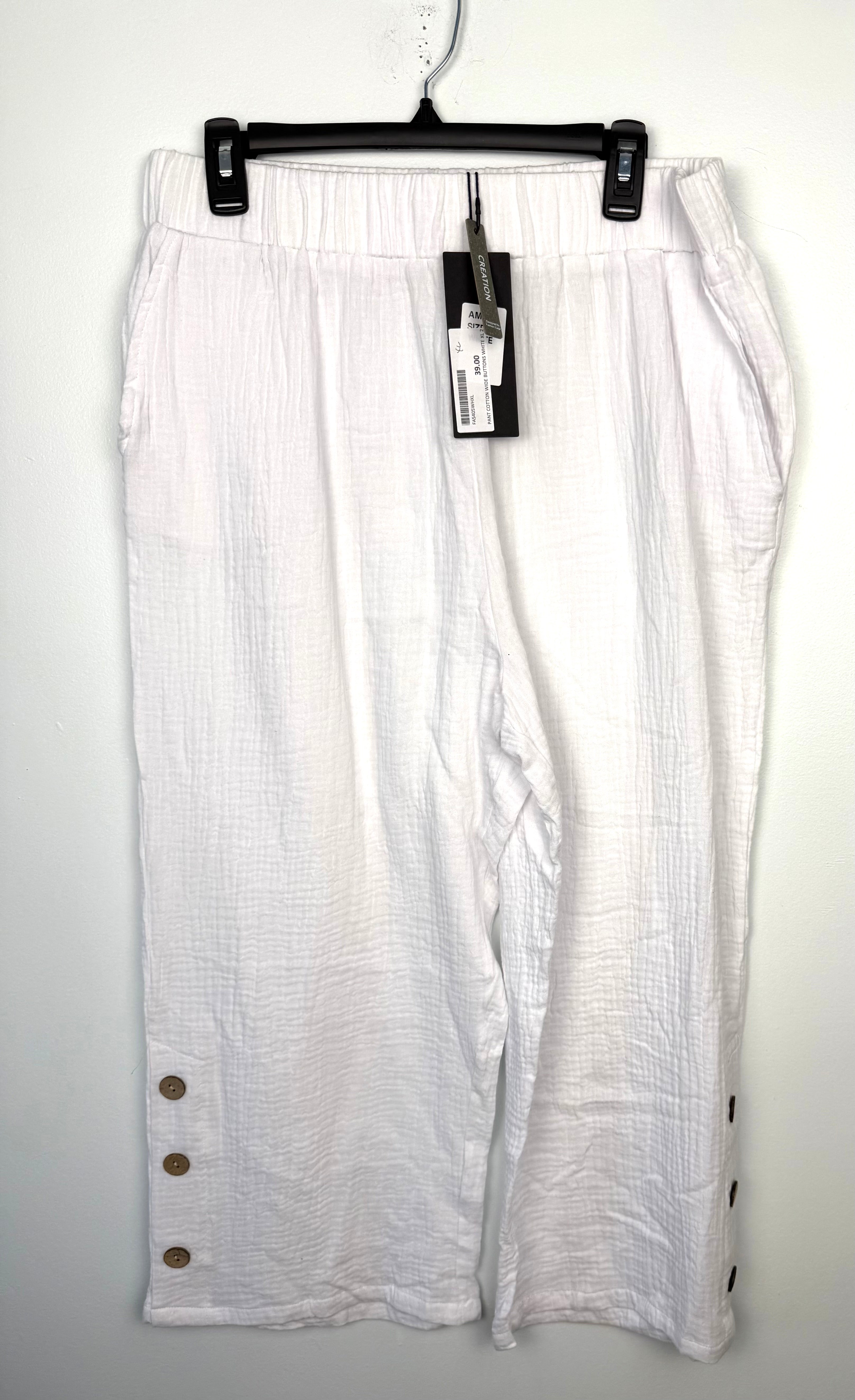 NWT Creation 100% Cotton Gauze Wide-Leg Pants — White | Button Hem Detail | Size XL at Blue Sparrow Shop on hanger - front view 