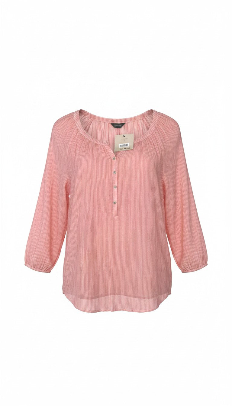 NWT Denver Hayes 100% Cotton Pink Stripe Peasant Blouse — Gathered Neck | 3/4 Sleeve | Size S at Blue Sparrow Shop