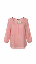 NWT Denver Hayes 100% Cotton Pink Stripe Peasant Blouse — Gathered Neck | 3/4 Sleeve | Size S at Blue Sparrow Shop
